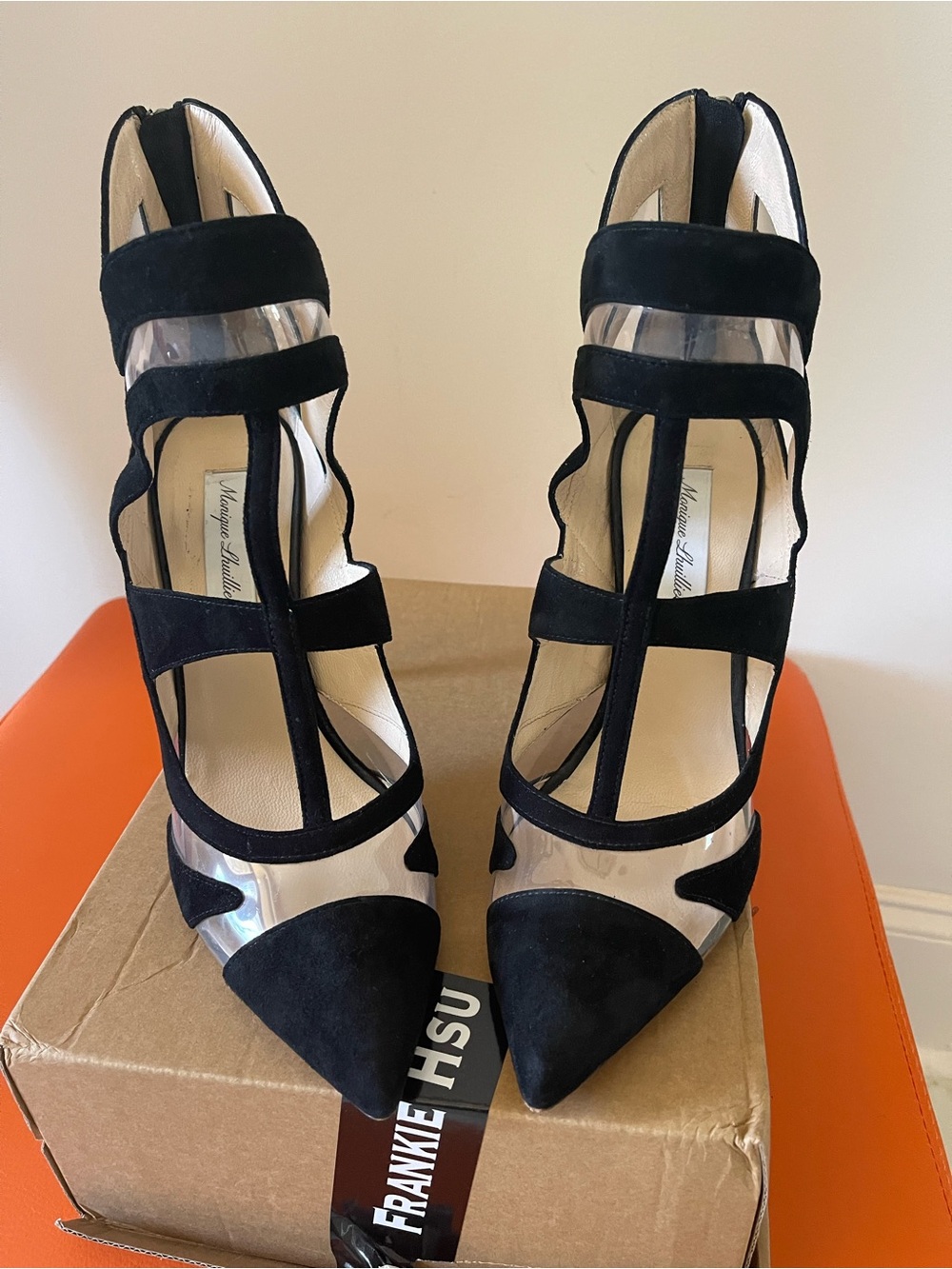 Monique Lhuillier Black Suede Cage-Strap Pointed-Toe Heels